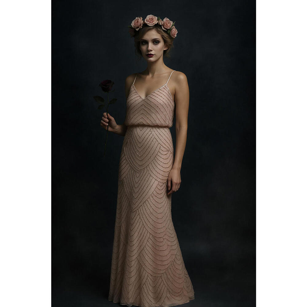 Enchanted Rose Fairy Halloween Costume Beaded Champagne Gown Glam Flapper sz XS